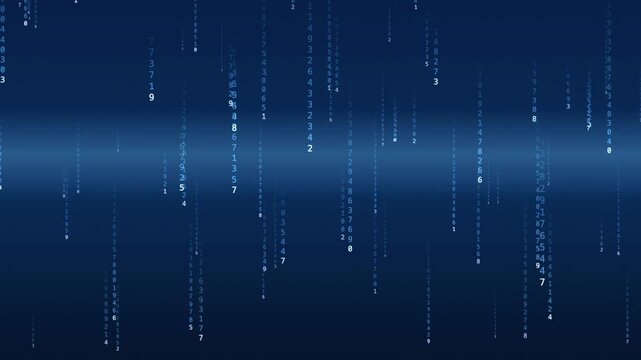 Dark blue background displays cascading green numeric digits. Matrix style effect creates digital rain impression. Minimalist, abstract composition.