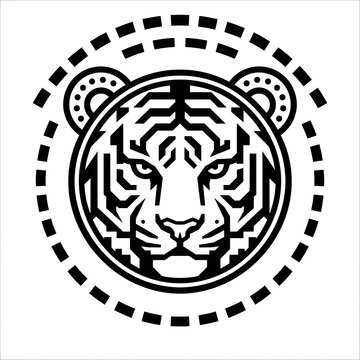 Black and white tiger head logo with circular border
