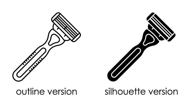 Razor Design Variations: Two distinct depictions of a manual razor, one rendered as a clean outline and the other as a bold silhouette, showcase the essential tool for personal grooming and shaving.