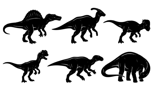 Six Prehistoric Dinosaur Species Black and White Vector Collection Isolated on White Background