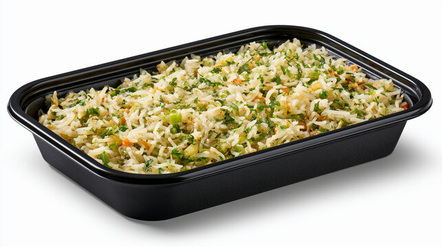 A black plastic container filled with vegetable fried rice isolated on white