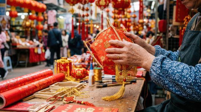 Person crafting traditional Chinese lanterns for Lunar New Year celebration.