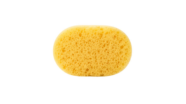 Yellow porous sponge for car washing and household cleaning, soft oval bath sponge, absorbent synthetic foam sponge for scrubbing and hygiene isolated PNG with Transparent Background