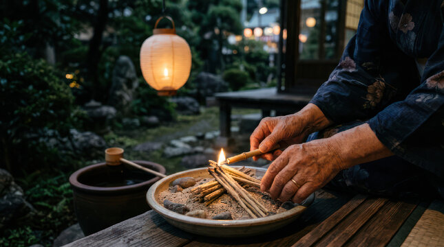Person lighting incense sticks in a traditional Japanese garden at dusk.