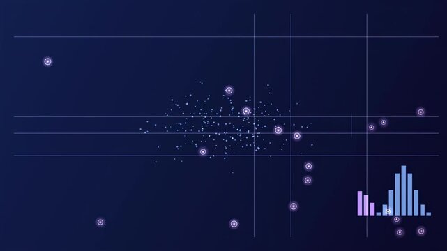Scatterplot displays data points, histogram shows distribution. Blue tones dominate, creating abstract visualization.