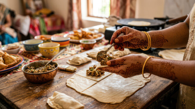 Person preparing traditional Indian food on a wooden table.