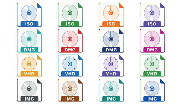 Collection of file format icons including ISO, DMG, VHD, and IMG in various colors.