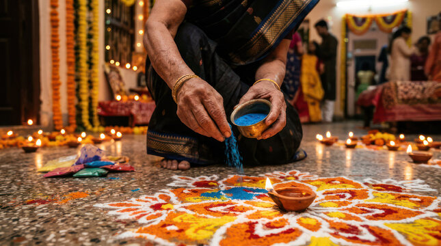 Woman creating a colorful rangoli during a festival celebration.