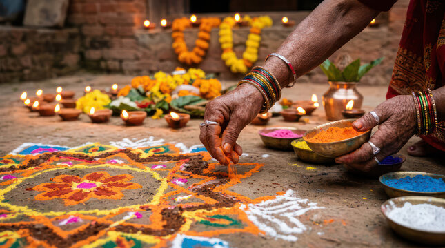 Woman creating colorful Rangoli during festival celebration.