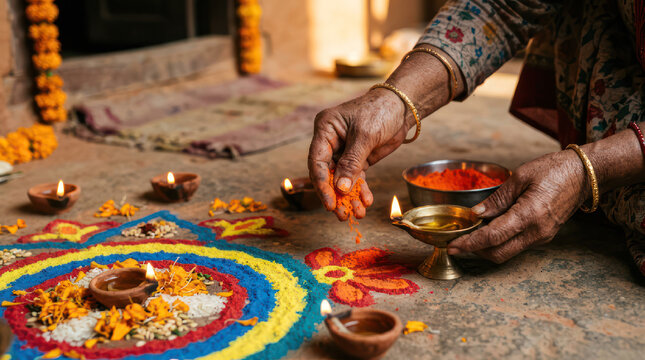 Woman decorating floor with colorful powder and diyas for festival.