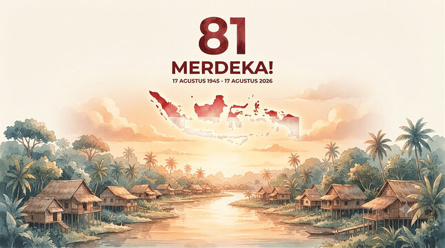 Watercolor vector illustration of traditional stilt houses along a riverbank in a tropical village, celebrating the 81st Independence Day of Indonesia with a map overlay.