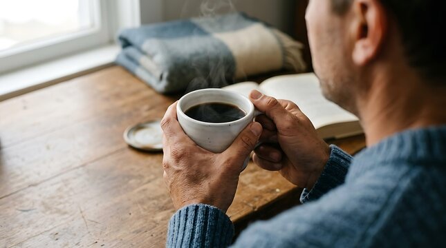 Man enjoying a cozy morning with hot coffee and a book, peaceful cozy morning atmosphere at home, relaxing during a quiet cozy morning in winter