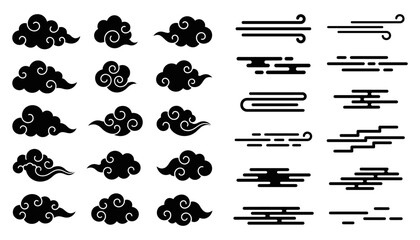 Set of black traditional asian style clouds and wind patterns on white background with oriental traditional graphics decorative japanese © Tanjir
