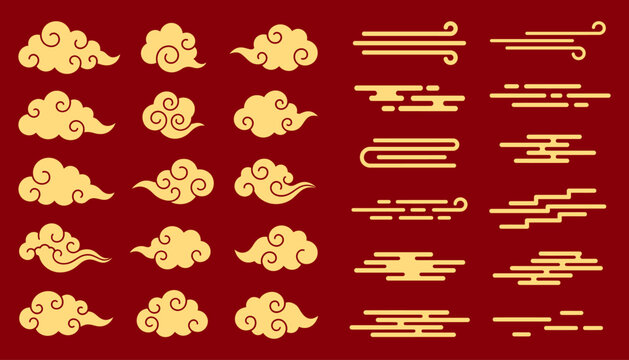 Set of gold traditional asian style clouds and wind patterns on red background with oriental traditional graphics decorative japanese