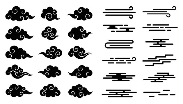 Set of black traditional asian style clouds and wind patterns on white background with oriental traditional graphics decorative japanese