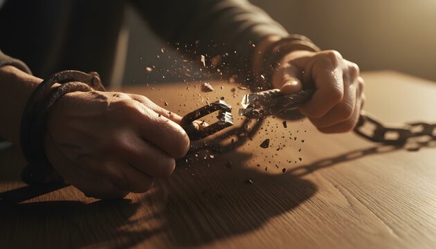 Dramatic conceptual shot of breaking heavy chains off a child for world day against child labour concept, symbolizing freedom, justice and ending exploitation