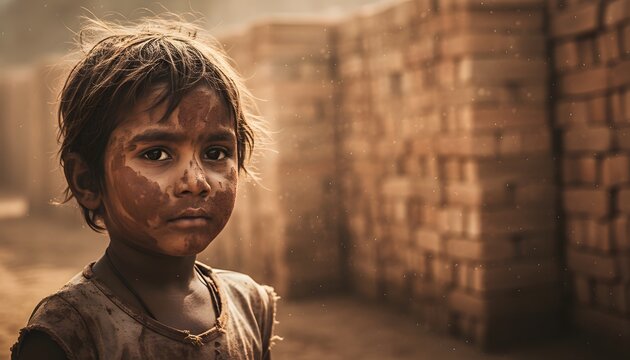 Dramatic portrait of a dirty and tired poor child working in a dusty brick factory setting for world day against child labour advocacy and social justice concept