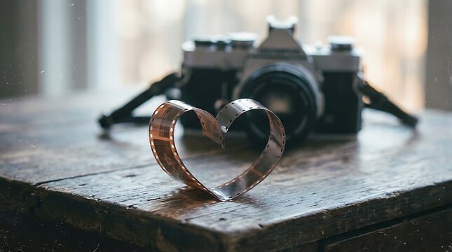 Vintage film camera with heart-shaped photo strip on wooden table. Retro photography concept with love theme and analog nostalgia.