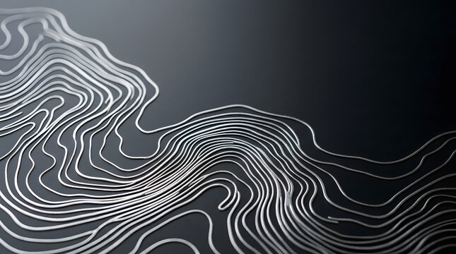 Thin, wavy white lines create an abstract topographic map pattern on a dark, textured background.