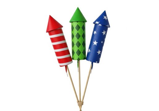 Three colorful fireworks rockets isolated on white background