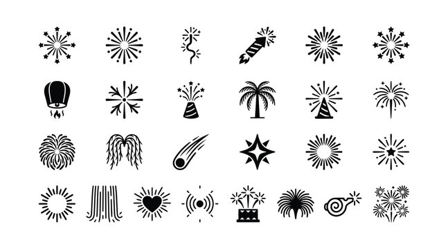 Fireworks, firecrackers, and celebration black glyph icon set
