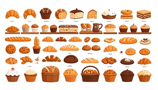 Assortment of freshly baked bread loaves and rolls on white background.