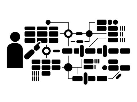 Person interacts with a complex digital dashboard featuring interconnected nodes and modular data blocks to demonstrate advanced user interface design and information systems.