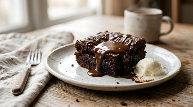 A decadent slice of rich chocolate brownie is drizzled with glossy chocolate sauce and served with a scoop of creamy vanilla ice cream.