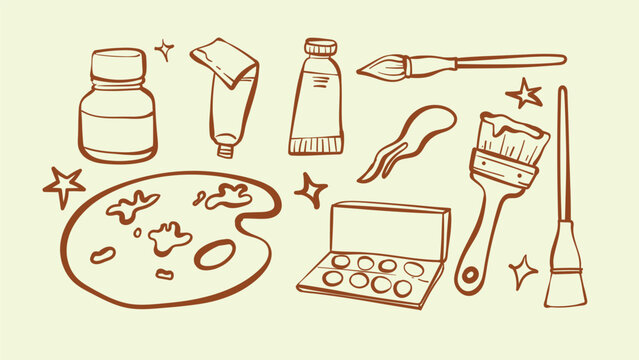 Hand Drawn Art Supplies Doodle Vector Set with Paint Palette, Brushes, Acrylic Paint and Watercolor Tools