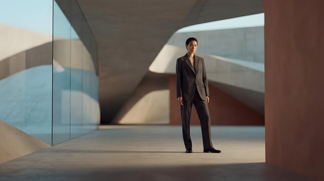 Businessman standing in modern geometric architecture corridor.