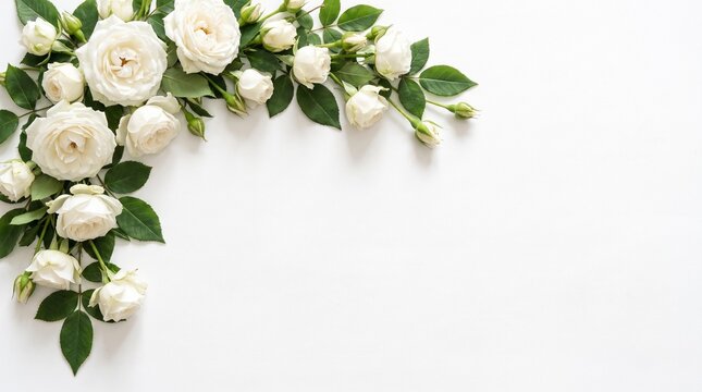 Elegant white rose and fresh green foliage floral corner border on a clean white background, offering serene beauty and ample copy space for design