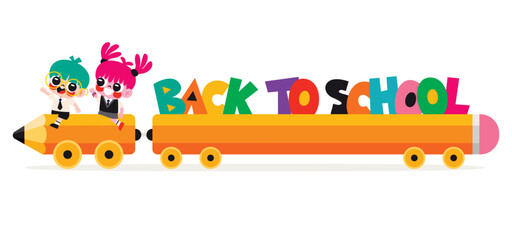 Fototapeta premium Cartoon Kids Riding Pencil Car