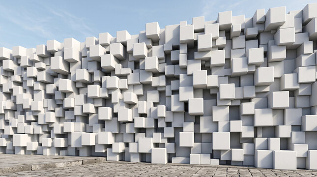 Abstract white cube wall on cobblestone pavement against blue sky 3d render