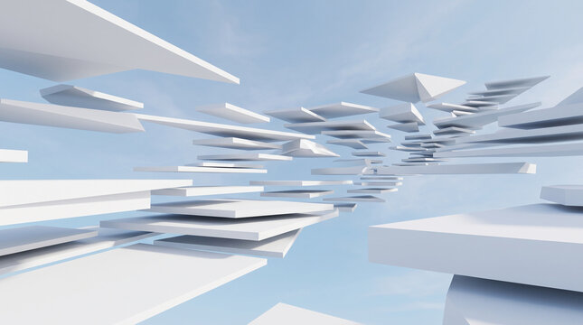 Abstract white geometric panels floating in light blue sky 3d render background