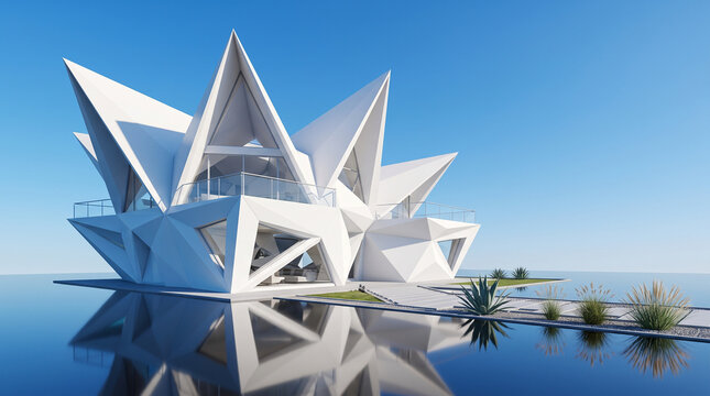 Futuristic white geometric architecture with angular design reflected in water