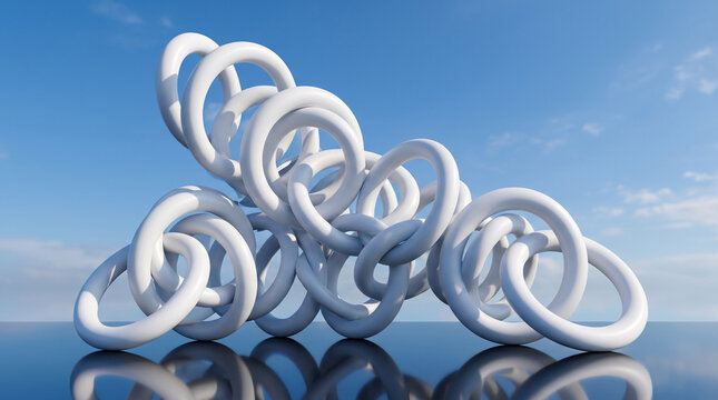 White interlocking rings on reflective surface against blue sky 3d render
