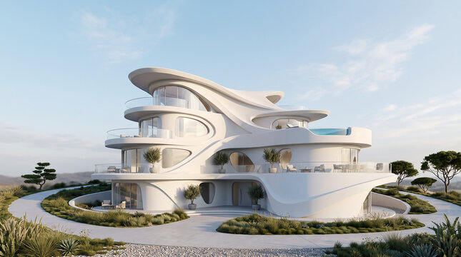 Futuristic white organic luxury villa with curved balconies and rooftop pool 3d render