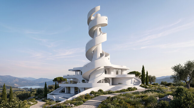 Futuristic white spiral tower house on a scenic hilltop landscape 3d render