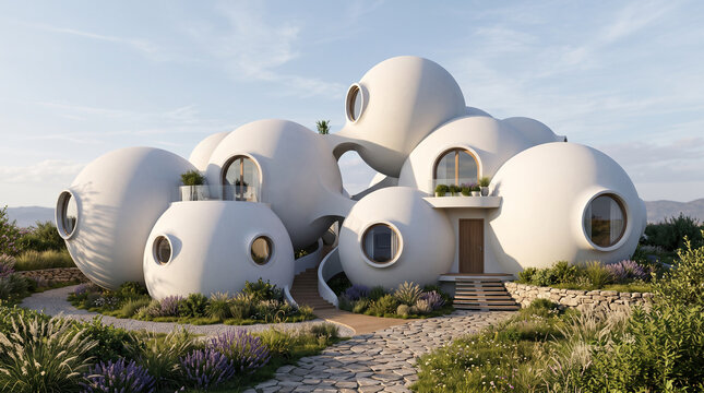 White organic bubble house with spherical rooms and round windows in nature