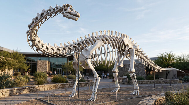 Large sauropod dinosaur skeleton displayed outdoors at modern museum facility