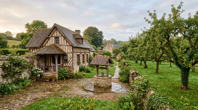 Traditional half-timbered cottage with stone well garden and apple orchard countryside