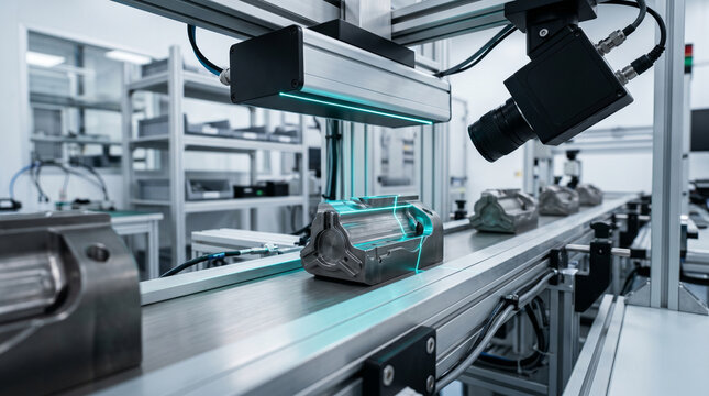 Automated quality control system with laser scanner inspecting metal parts on conveyor