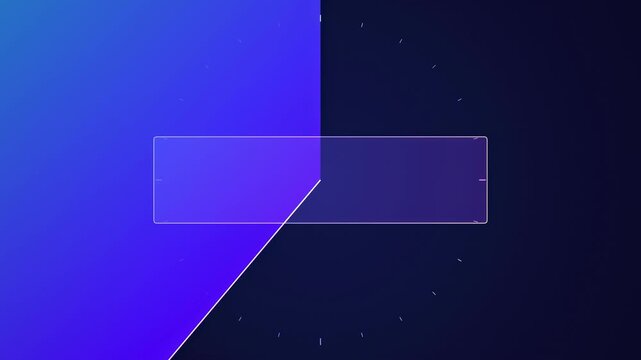 Dark background displays purple rectangle with vertical line. Small white dots surround central shape, creating focus. Minimalist design.