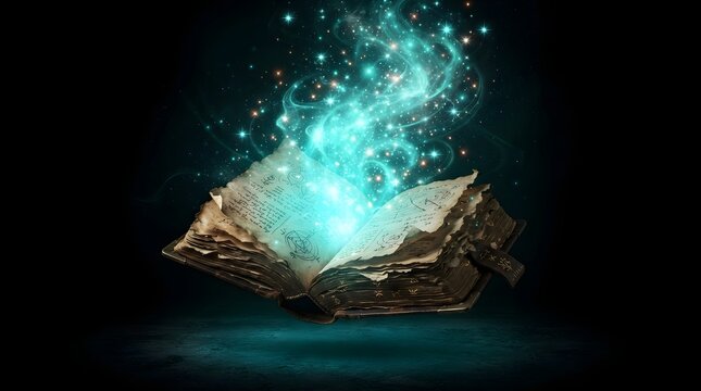 Open magical spellbook floating in darkness with glowing blue energy and sparkles