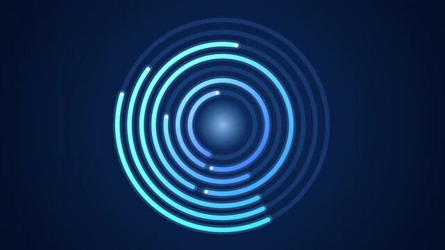 Bright blue concentric circles radiate from center. Dark background emphasizes glowing lines, creating futuristic visual effect.