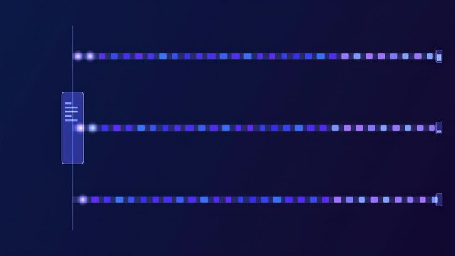 Dark background displays three horizontal lines. Each line features glowing dots, connected by segments. Vertical bar present. Minimalist design.