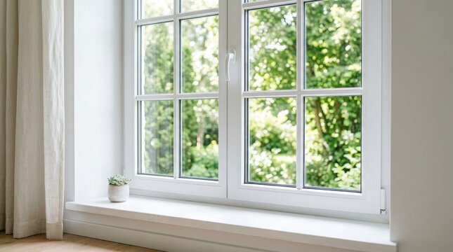 Bright white window frame with a view of green trees and natural light in a modern home interior