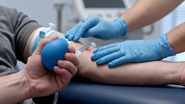 Healthcare Professional Preparing to Draw Blood from Patient Holding Blue Stress Ball in Clinical Setting With Focus on Safety and Patient Care