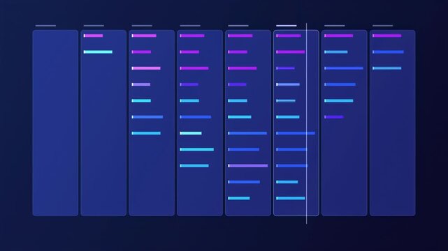 Dark background displays server racks. Blue, purple lines indicate activity, connections within systems. Digital infrastructure concept.