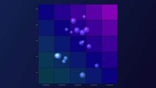 Abstract visualization. Bubbles vary size, position within grid. Purple, blue hues dominate background. Data points suggest correlation.